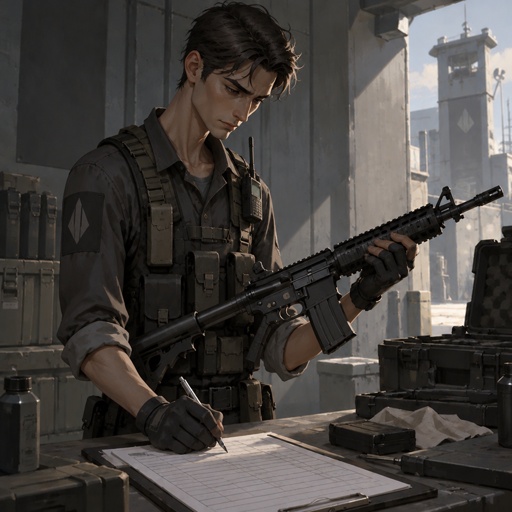 a man holding a rifle and writing on a piece of paper