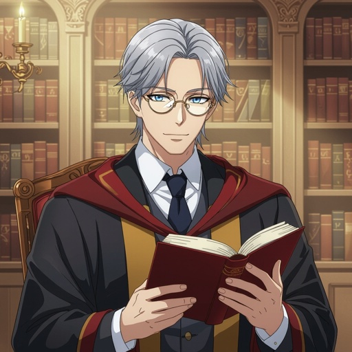 Male Librarian, Monocle, Wearing a suit under a scholar's robe, holding a book, Gray hair, old man, human
