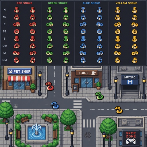 Animal snakes for a fantasy game set in modern times, top-down style, 360, different colors