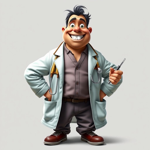 create a doctor. Who is funny human looking from head to toe. And he always immediately results to surgery for anything even small things. So please be sure to show his whole outfit head to toe. Make him have only 1 tooth