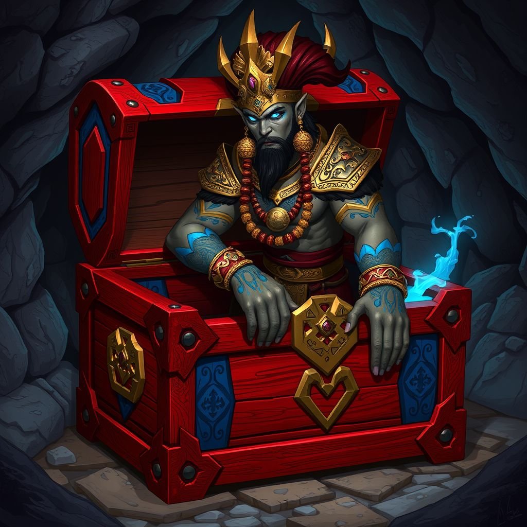 Closed elegant red wooden treasure chest with blue banding sitting on cave floor