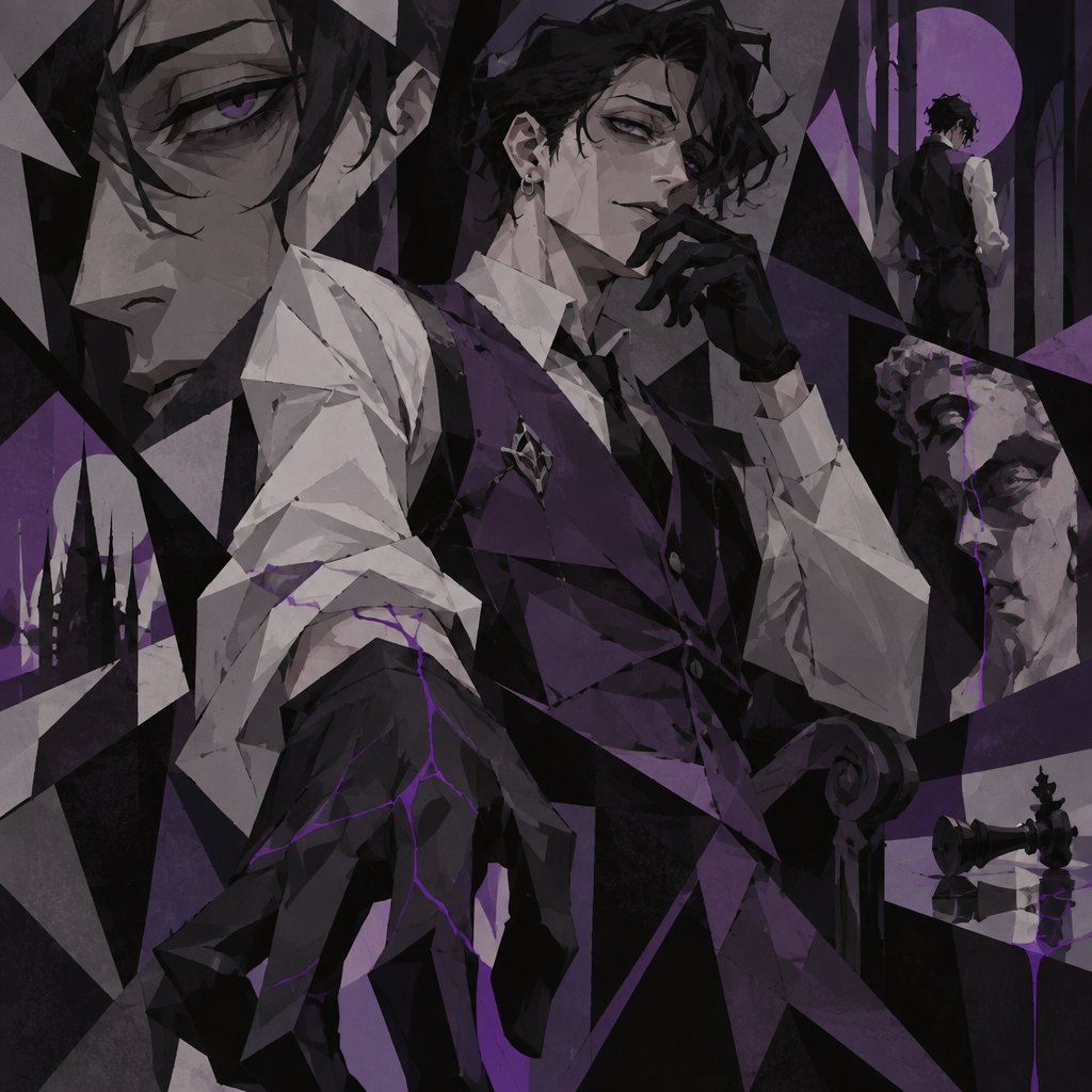 Male, slim, slight eye bags, black messy wavy hair, back hair, brushed side hair, strands of hair in the middle of forehead, ear piercing ring, gloves, purple glowing veins, purple vest, white shirt, no facial hair, bad guy, mid 40s