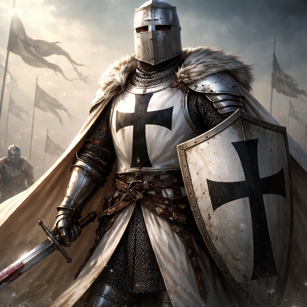 A knight with white armour, a black cross on the armour