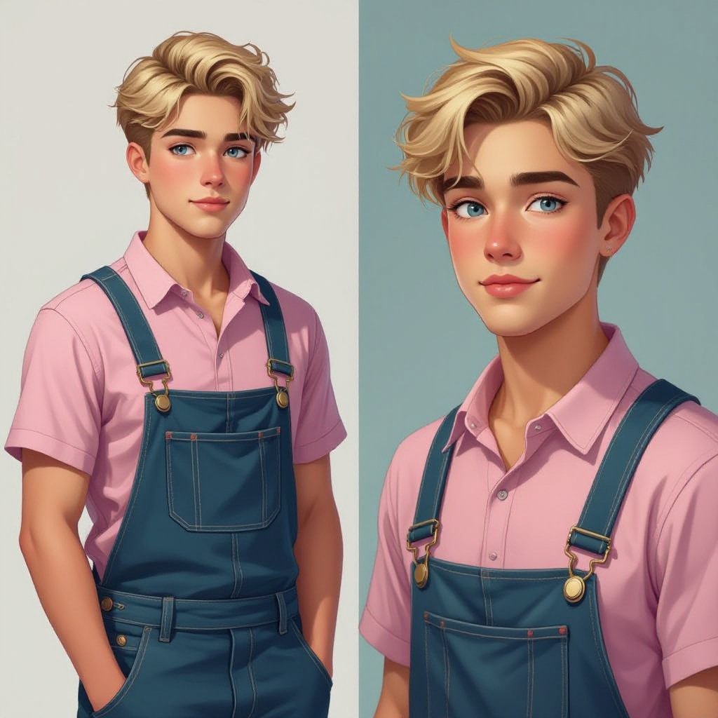 Half Japanese half Latino male 19-year old with blonde hair and blue eyes no beard wearing a pink shirt with overalls and slightlychubby cheeks