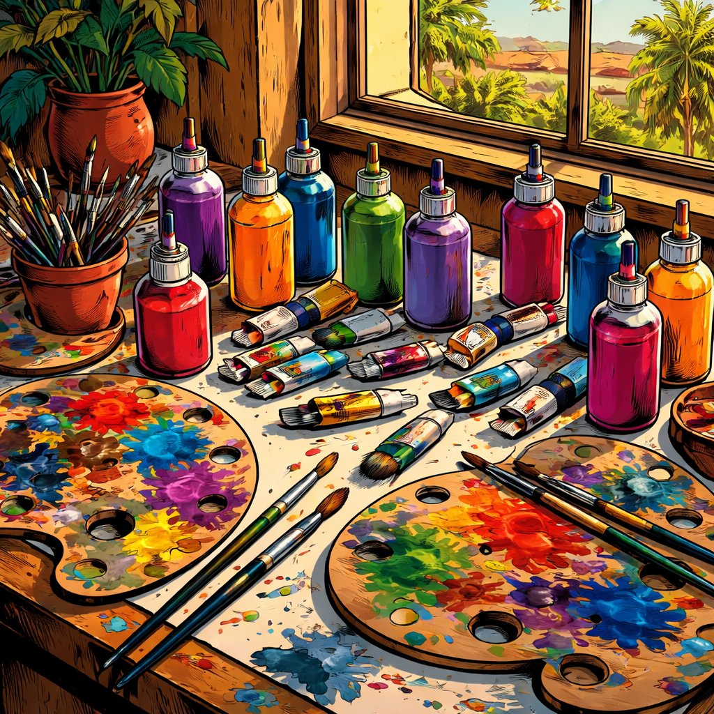 No speech bubbles Drone view of a table with artist bottles in many colours paint pallets and many colours paint tubes in many colours and brushes South American setting late afternoon with window