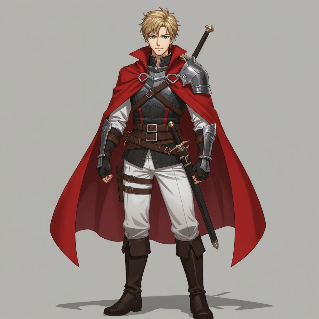 Young Man, leather armor under a red great coat,no cape, no cloak, brown belt, white pants, black knee-high boots, shield on his back, sword sheathed at his hip, sandy colored hair, short hair, green eyes, manwa style, clean shaven, black gloves