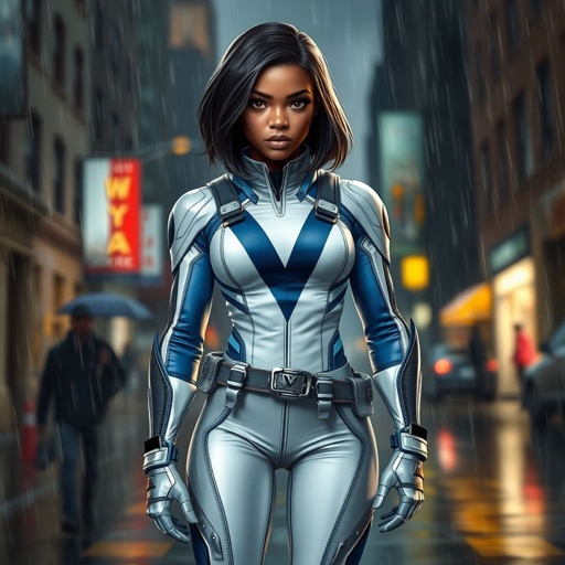 A teenage African American female superhero with hair in a shoulder length side part style wearing a slightly homemade white and silver suit with blue accents and a stylized V as her chest emblem a utility belt and silver boots standing in Philadelphia during a rain storm