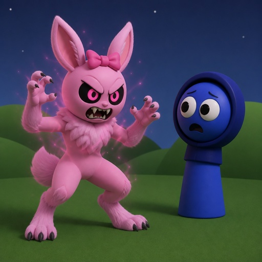 Pinki from sprunki starting to turn into her kind Wererabbit self in front of Jevin from sprunki with her legs and tail transforming and then her arms and then her ears and her neck gets fluffy and then she’s fully transformed with her eyes being black and pink