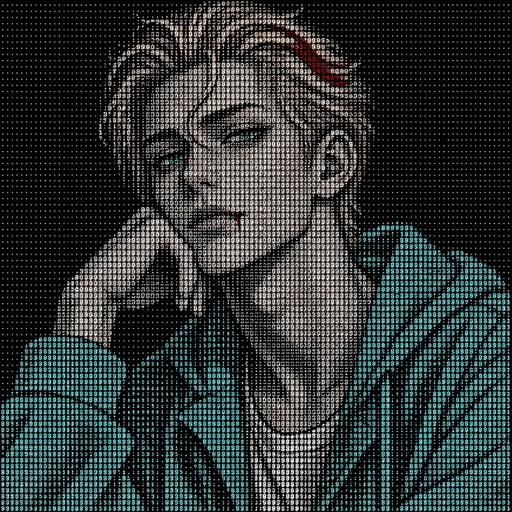 Male, blonde greased brushed back hair, curl on forehead, red streak in hair, scar on lip, blue eyes, slim, designer, cyan casual clothes,