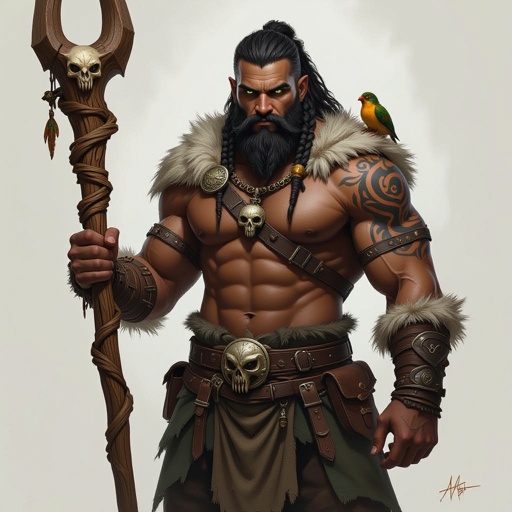 Kael the Beastbound – A rugged, broad-shouldered man with black skin and a rough beard, wearing armor made from bone and leather. deep green eyes tattoos of animal tracks spiral down his arms. He carries a massive wooden staff carved with the shapes of beasts, and small creatures often perch on his shoulders or follow at his feet.