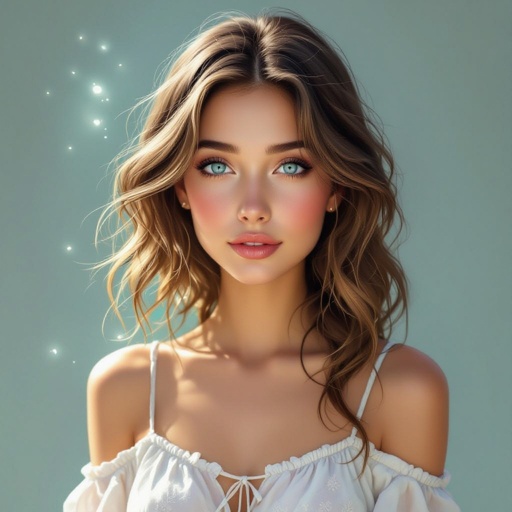 Kobieta o jasnobrązowych włosach do ramion, 
jasnoniebieskich oczach, blada, bez makijażu, ubrana letnio, ale nie odkryta. Delikatna uroda