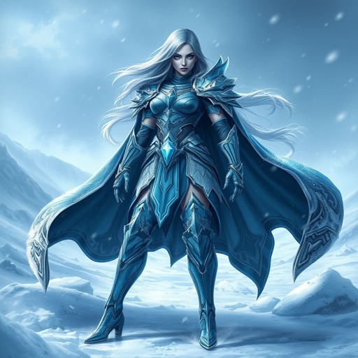 Create a battle woman hero called Alvara the Frostheart. Show full body head to toe including shoes