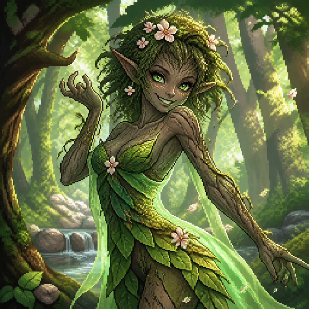 A playful forest dryad with bark-textured skin, blossoms in mossy hair, leafy gown, mischievous grin, dappled sunlight filtering through her translucent green form