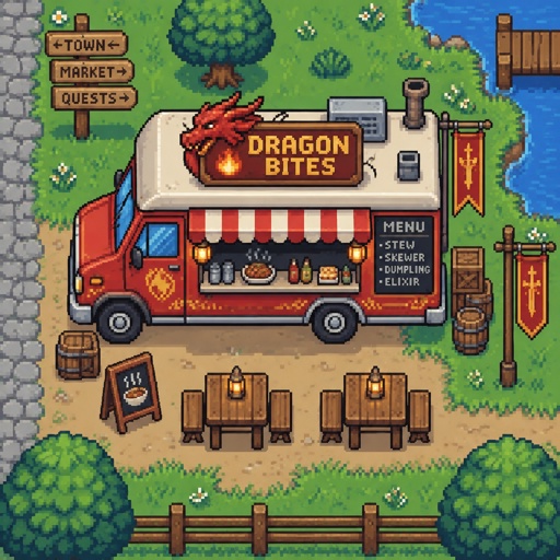 Food truck for a fantasy game set in modern times, exterior, full building, top-down style,