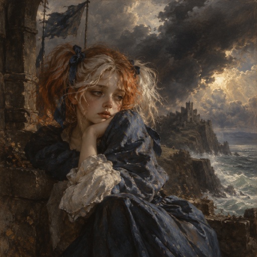 Female, orange and white messy pigtails, short, wears blue, droopy eyelid