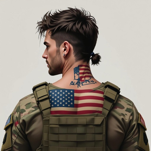 White younger American man, Army attire (full tactical), dark brown hair, muscular, tattoo of the American flag on the back of neck, soft facial expression, hair messy with a little ponytail, blue eyes