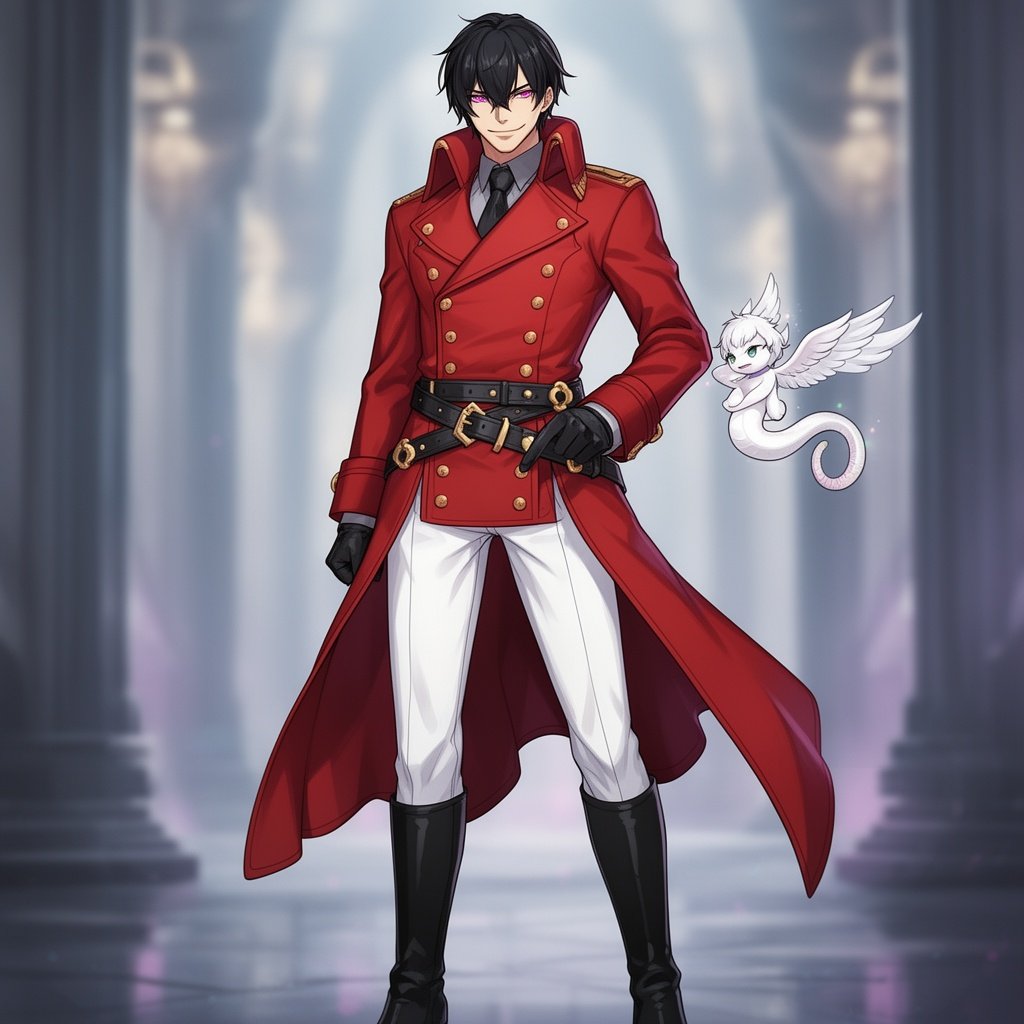 adult human man, mature, tall, badass, black short hair, Fuchsia purple eyes, white pants, black boots, red double breasted greatcoat, gold buttons, black belts, sly smile,
tiny friendly elegant white winged snake flying next to him