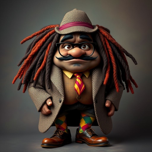 Create a funny fat character similar to Sherlock Holmes, but make him of black decent and with dread locks. Show his whole outfit including his shoes.