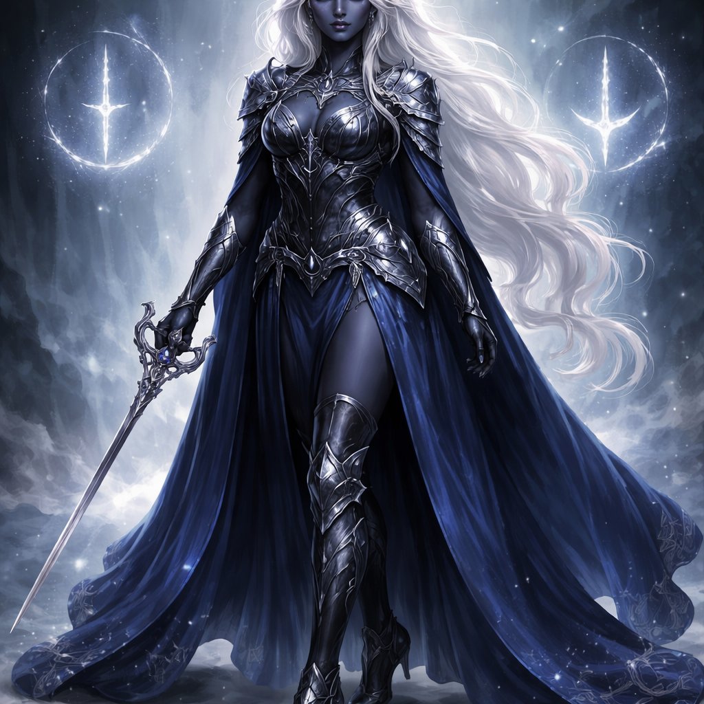 A beautiful Drow woman with long flowing white hair, dark grayish blue skin, large silver eyes, wearing dark blue flowing robes with armor plates, knee high heeled armor boots with Eilistraee’s symbol surrounding her. Carrying a long detailed rapier. Full body picture