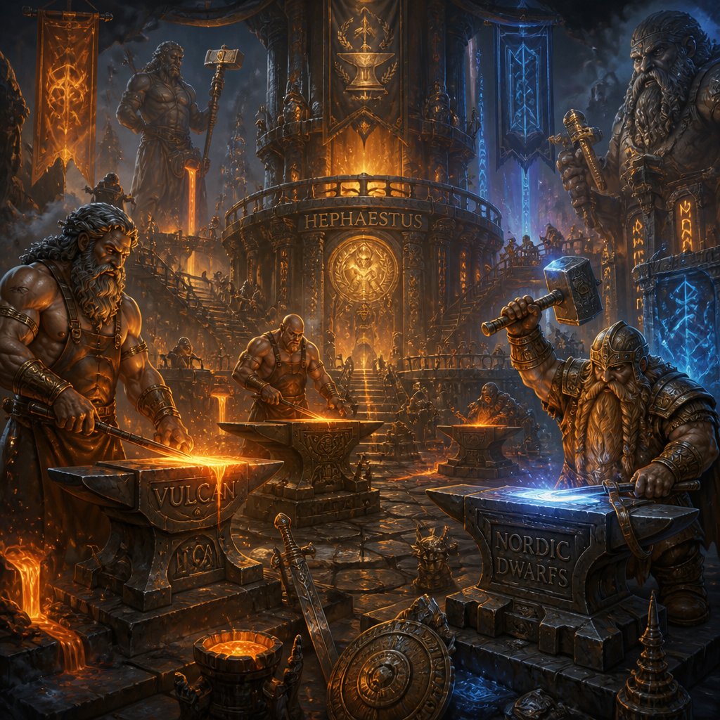 A grand forge of multiple gods of the forge such as Vulcan, Hephaestus, Norse Dwarfs, etc