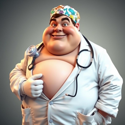 create a fat doctor. Who is funny human looking from head to toe. And he always immediately results to surgery for anything even small things. So please be sure to show his whole outfit head to toe. Make him have 1 tooth. Make it more adult humor instead of cartoon humor.