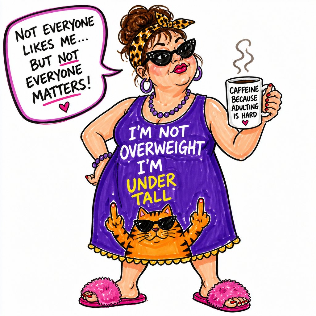 Create a funny white woman with attitude wearing funny dress