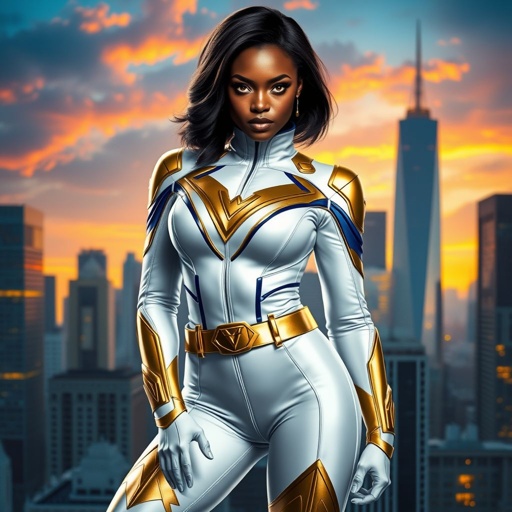 African American female superhero with hair in a shoulder length side part hairstyle with pure Gold Glowing eyes wearing a white suit with gold and royal blue with white pants and gold and white knee length boots with a utility belt with a gold V as her chest emblem in Philadelphia