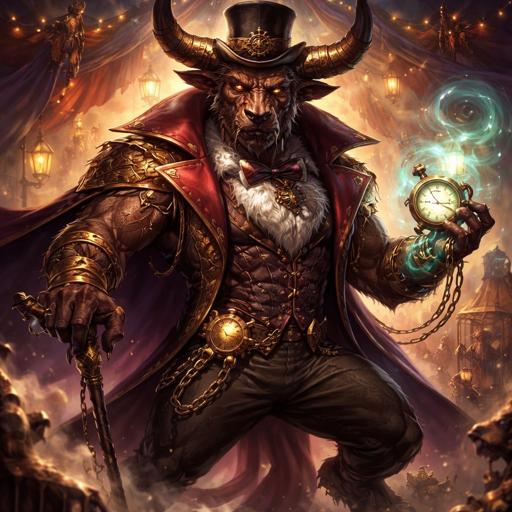 A medium brown Minotaur with a well~proportioned figure that works at freak show as ringmaster. That has gifts/abilities like Reality Rejection, Time Manipulation (Chronokineses), Zoolingualism (Language of Cattle only), Human Speech.