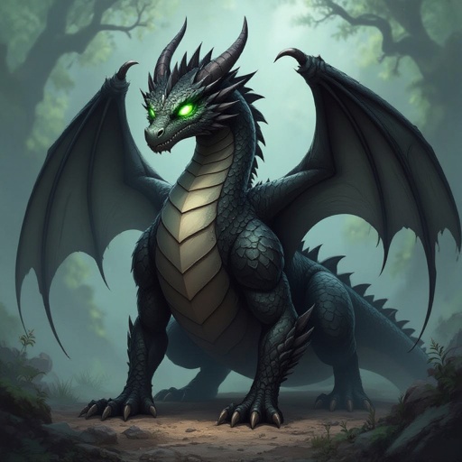Giant Black Dragon with green eyes