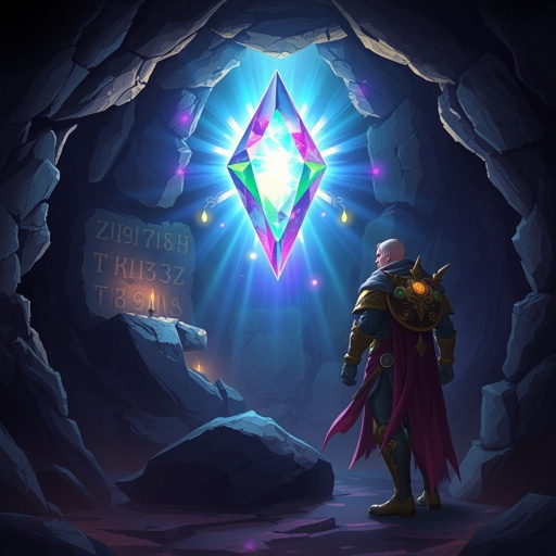 Brilliantly sparkling magical gem floating in a cave