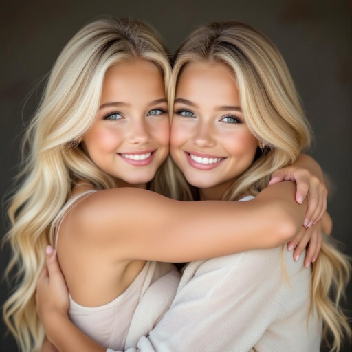 A blonde girl with big boobs hugging her sister 