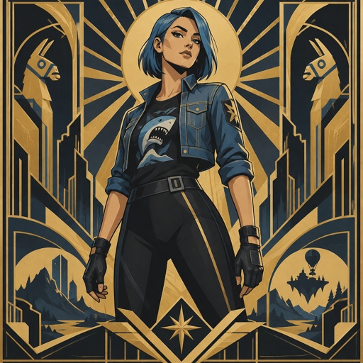 Light rider from Fortnite, neck length blue hair, cropped jean jacket black leggings, tshirt with shark on it, gloves