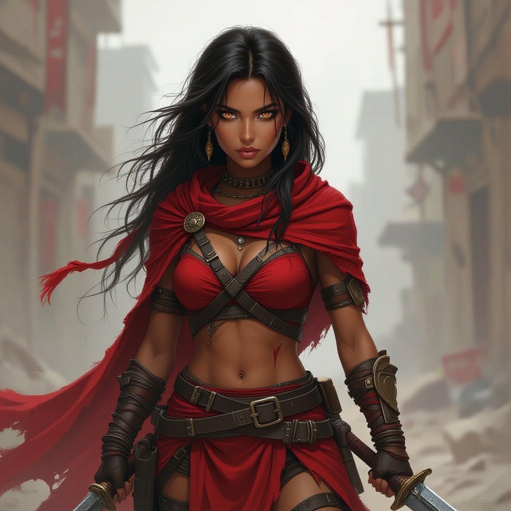 Light brown skinned Worrier princess with bright brown eyes wearing red with a sword