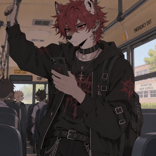 Male Wolf furry, messy red hair , gothic attire, lots of ear piercings, red eyes, school bus, on phone