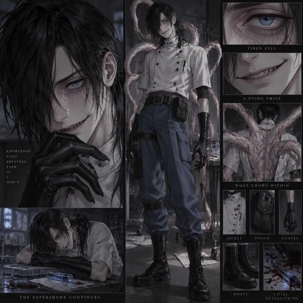 Male, black messy greasy hair, thin shoulder length hair in the back, long hair in the front covering one eye, blue eyes, eye bags, veins under eyes, pale tendrils coming out of back with veins, blue pants, boots, black rubber gloves, short scientist jacket buttoned up, belt with pouch, evil smile, slowly dying