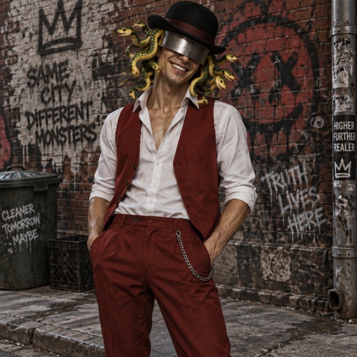 Male, white button up shirt, red vest unbuttoned, red pants, bowler hat, metal covering eyes, big smile, yellow and green snake hair short,
