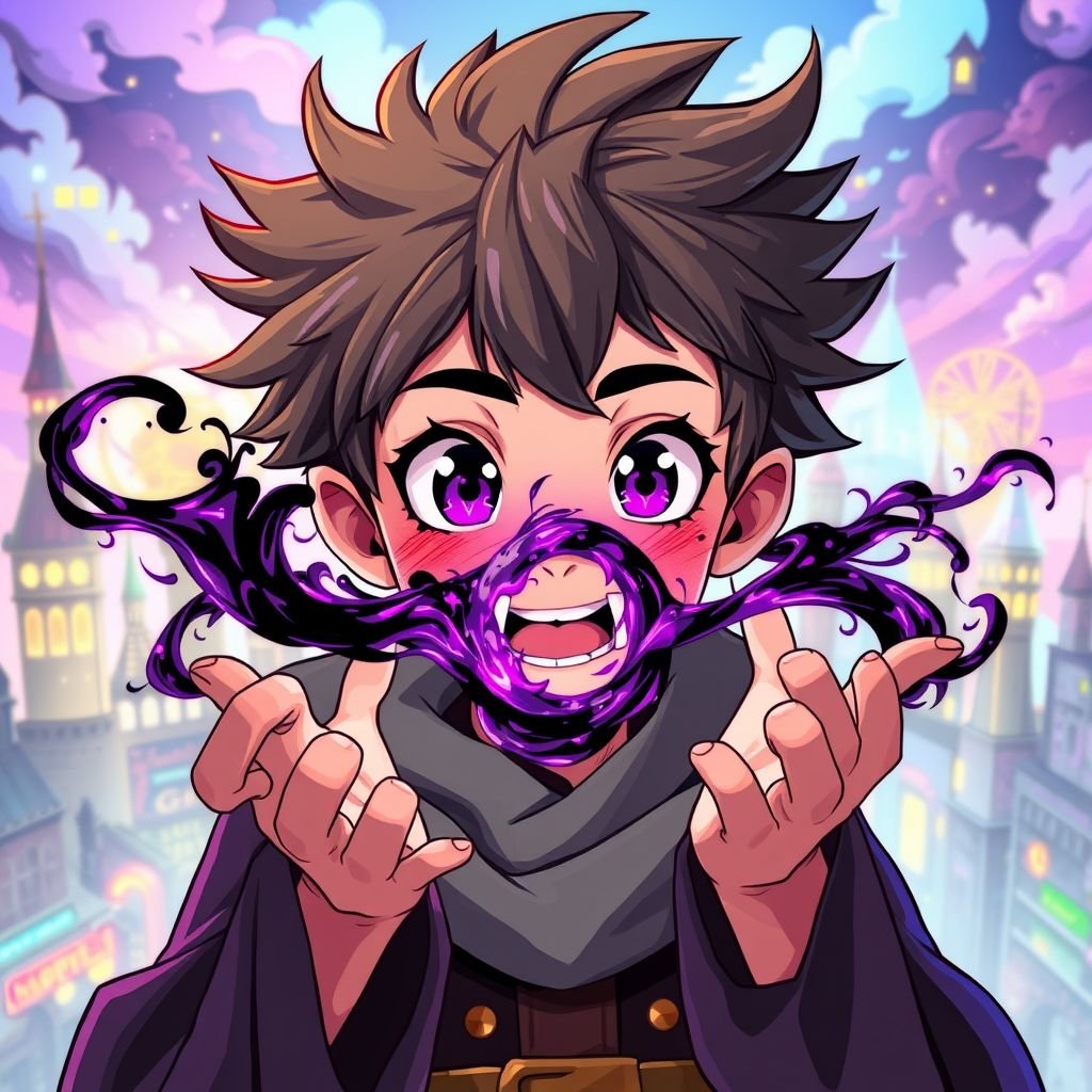 A 14 year old welsh wizard with no hat but magic illusions of black and purple spewing out of his mouth and hands creating a city in the background