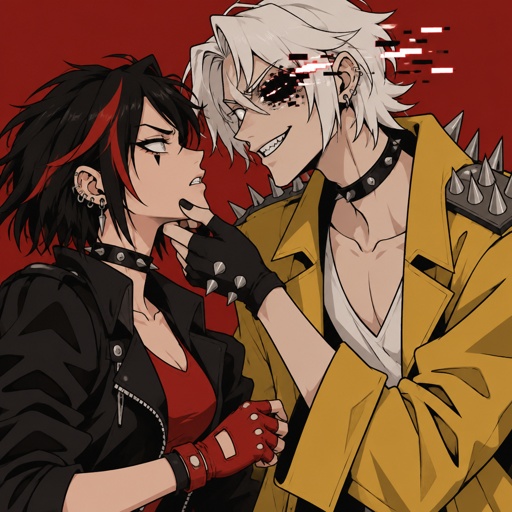 Female, black hair red streaks, half short messy hair, white eyes, black spike under eye, ear piercings, choker, black jacket with puffed sleeves, red shirt, fingerless red gloves, angry, Male, slim, cheekbones, white hair, smooth on top spiky on the bottom, neck length, white eyes, yellow trench coat, metal spike shoulder pads, black choker, low cut white shirt, fingerless gloves with spikes, insane smile, glitch powers, one missing glitchy eye, holding females chin in hand, flirting