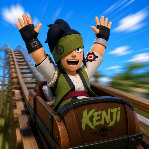 Kenji from brawl stars, on a rollercoaster  