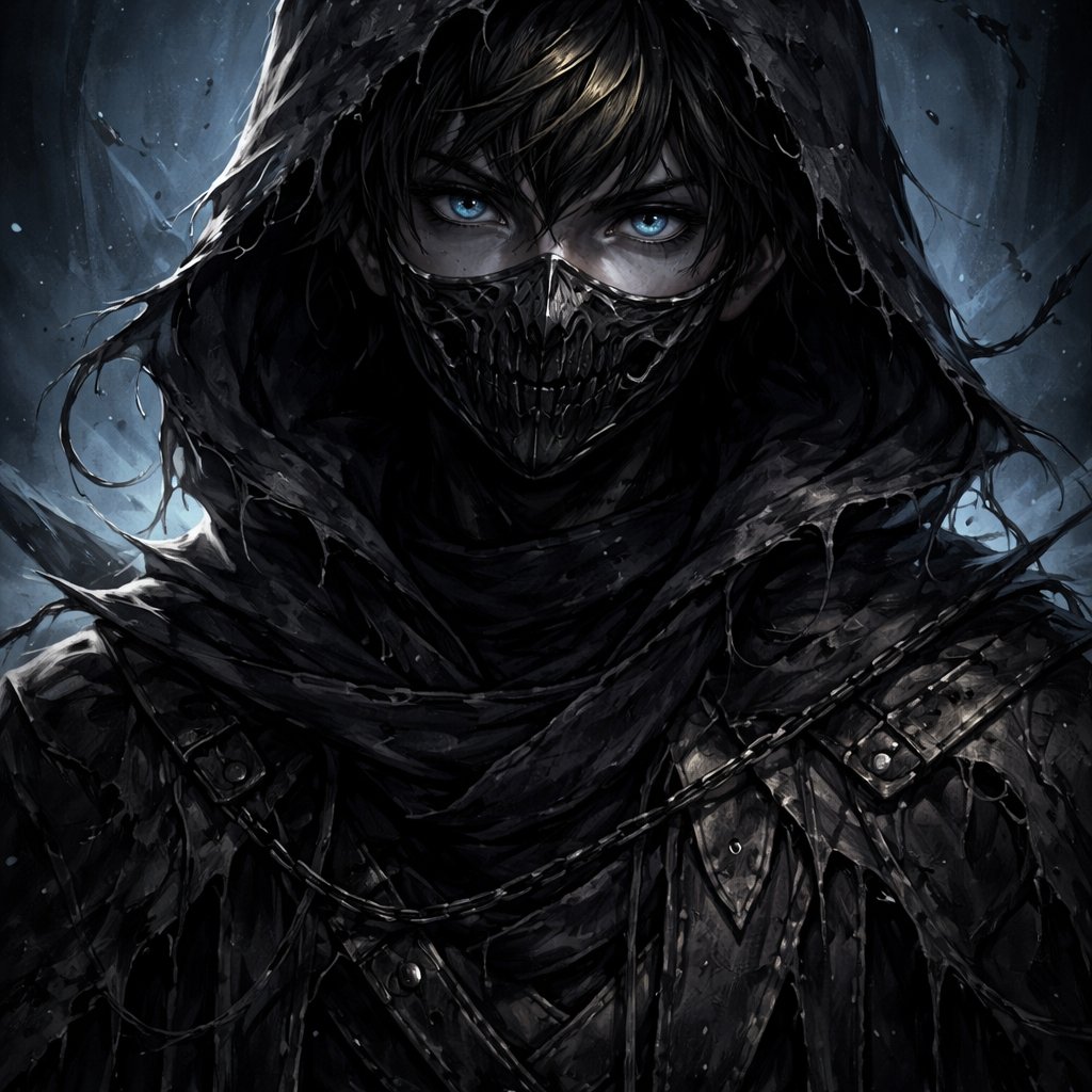 A 17 year old boy who has black hair with gold stripes and has blue eyes. He is wearing all black. There is a mask that covers his mouth and nose. There is also a hood that covers part of his hair but some strands still show.