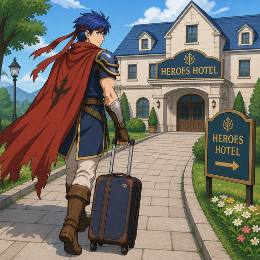 Ike from super smash bros, walking down a path to a hotel, carrying a suitcase