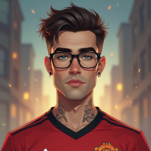 Mężczyzna o krótkich, ciemnobrązowych, włosach. Gładko ogolony.  niebieskie oczy. Ubrany w koszulkę piłkarską manchaster united. Duże okulary z szerokimi oprawkami. Podłużna twarz. Bardzo wysokie czoło. Zakola. Wąskie usta, Brwi opadające na końcach. Przymknięte oczy. Bez kolczyków