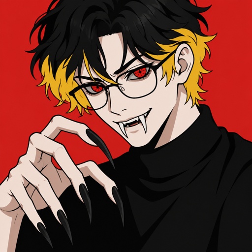 Male,white skin,red spider eyes,black top of hair yellow bottom of hair,spider fangs long creepy fingers glasses 