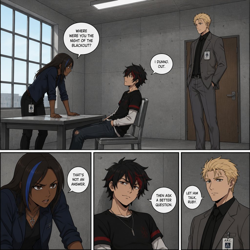Anime style, Ruby she's dark skin with brown hair and light blue, streak, serious, intimidating, makes sure she gets all the answers she needs,very good at interrogating the suspect, is very loud, being calm is hard, loves tea, she cares about her partner gray but doesn't know about gray's feelings to her, she occasionally will smile a lot.Agent gray nice wave blond hair, tallish, nice, doesn't wear glasses, cares about partner, shy, good at his job, very organized but when a lot of work happens all at one and there's a limited time he can get very disheveled, likes his partner agent Ruby but to scared to admit it, smart, can work in any situation,energy drinks,can unintentionally be funny. Anime white male, name Lloyd, hair messy long one loose braid, black hair with light red stripes, clean shaven,red eyes, long scary fingers spider fangs,glasses, sarcastic, cold, laugh mockingly, traumatized,was a unwillingly experiment many years before getting rescued, no memory of his past, has power of a spider, poisonous makes spider webs with his hands, can communicate and control spiders, on right arm a print says sub 389, doesn't remember anything from his past,very dangerous, being taken care of in a special agency.there all in the same room asking Lloyd questions,Lloyd is wearing casual clothes ,as a comic