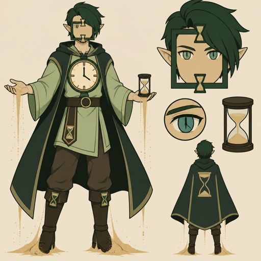 man of time,dark green hair right side swooped down and longer,Sand colored skin,no nose or mouth,has a thick green square lining around his face and an hourglass on the inside of face connected to the outer square,pointy ears,eyes green and the pupils look like clock hands,has small hourglass and sand,his chest has a big clock on it,wearing a light green tunic,dark green no sleeve cloak brown pants and boots sand coming from hands and feet 