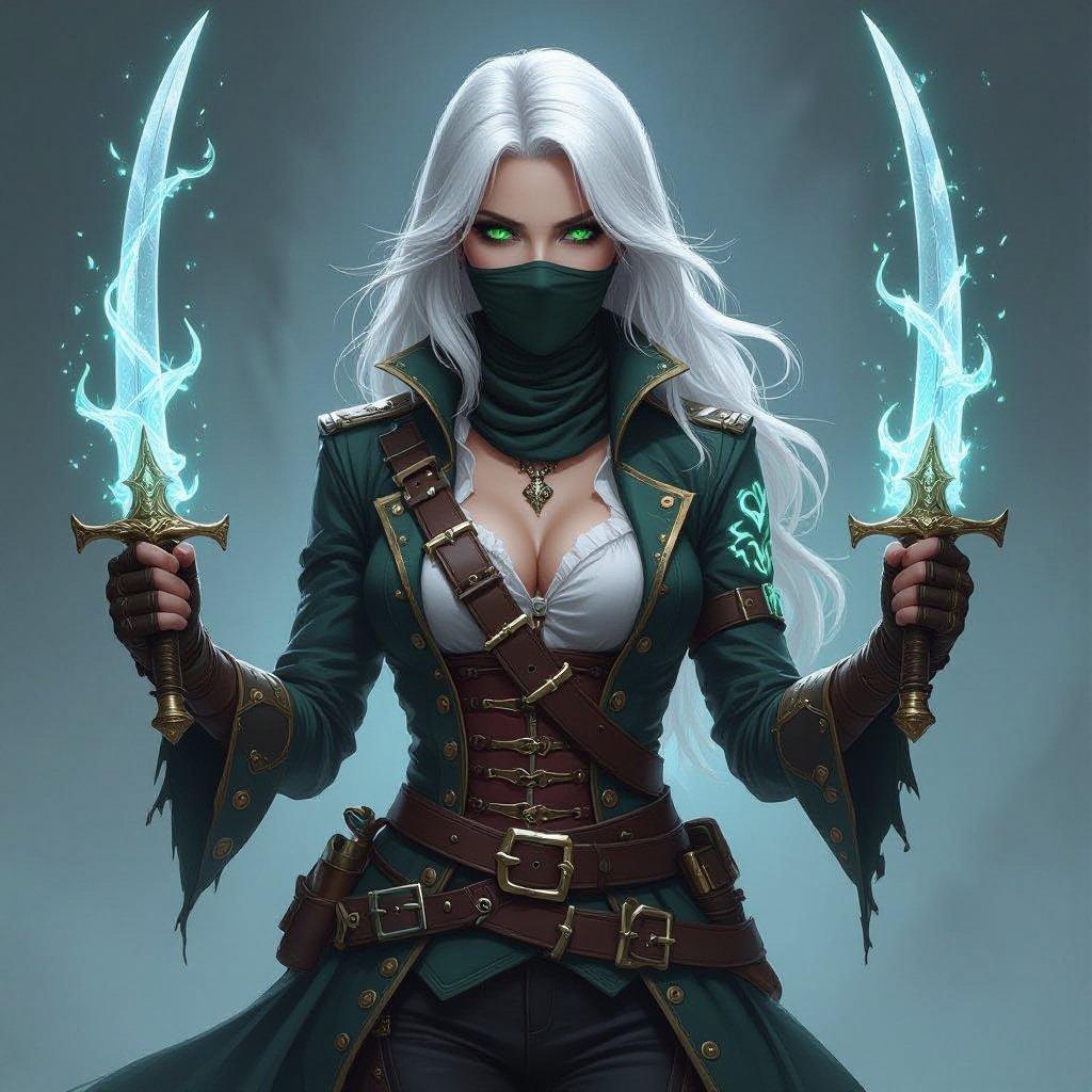 Pirate captain female 5’7 tall platinum hair almost white bright green eyes human keeps face covered 130 lbs Ghost form tattoo on right arm two wielding crystal rapier blades one in each hand rouge pirate captain
