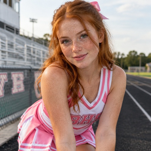 Ginger girl, pink and white cheerleader outfit, face covered in freckles. 