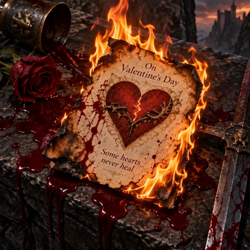 valentine day card on fire with drops of red blood around it