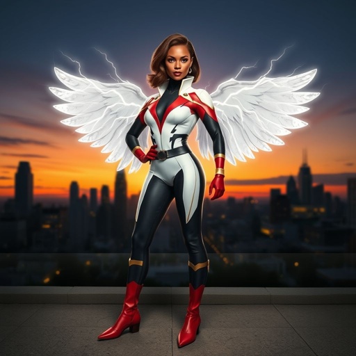 African American female superhero with shoulder length hair in a side part style and wings made of white lightning wearing a slightly homemade  white red and black suit with black pants with a stylized V as her chest emblem wearing red flat boots made of gold standing in Philadelphia at dusk
