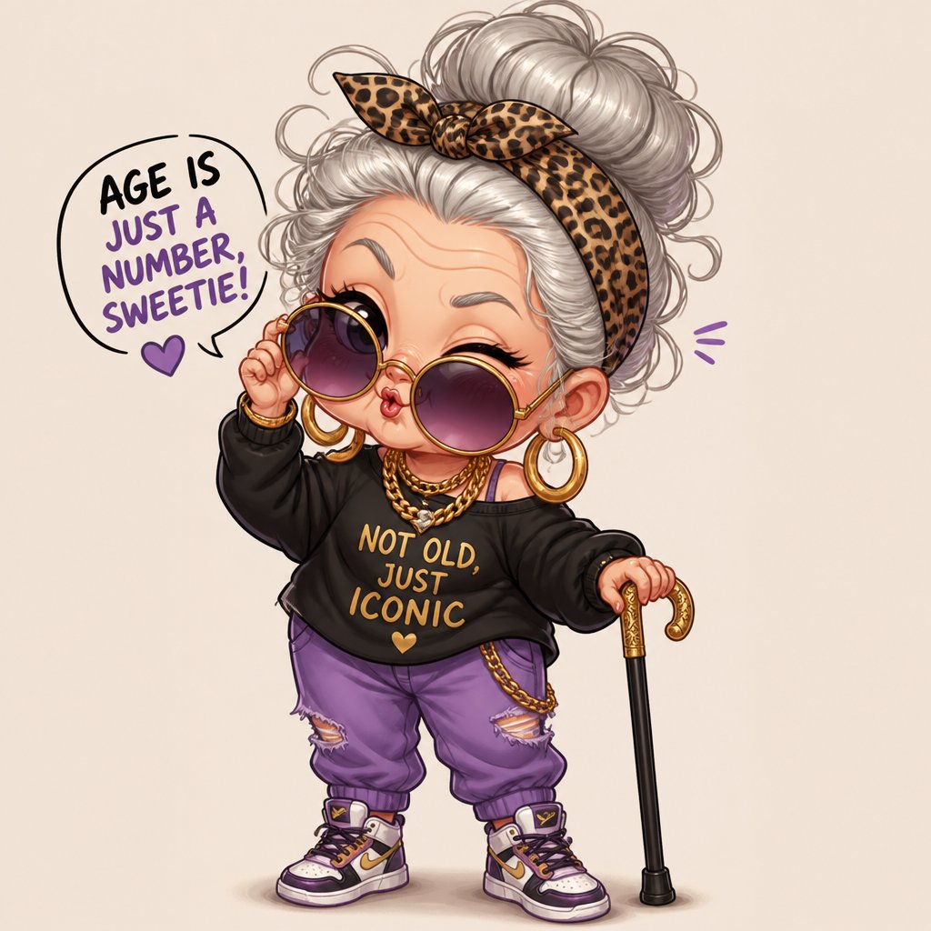 Create funny old woman with cane but dresses hip